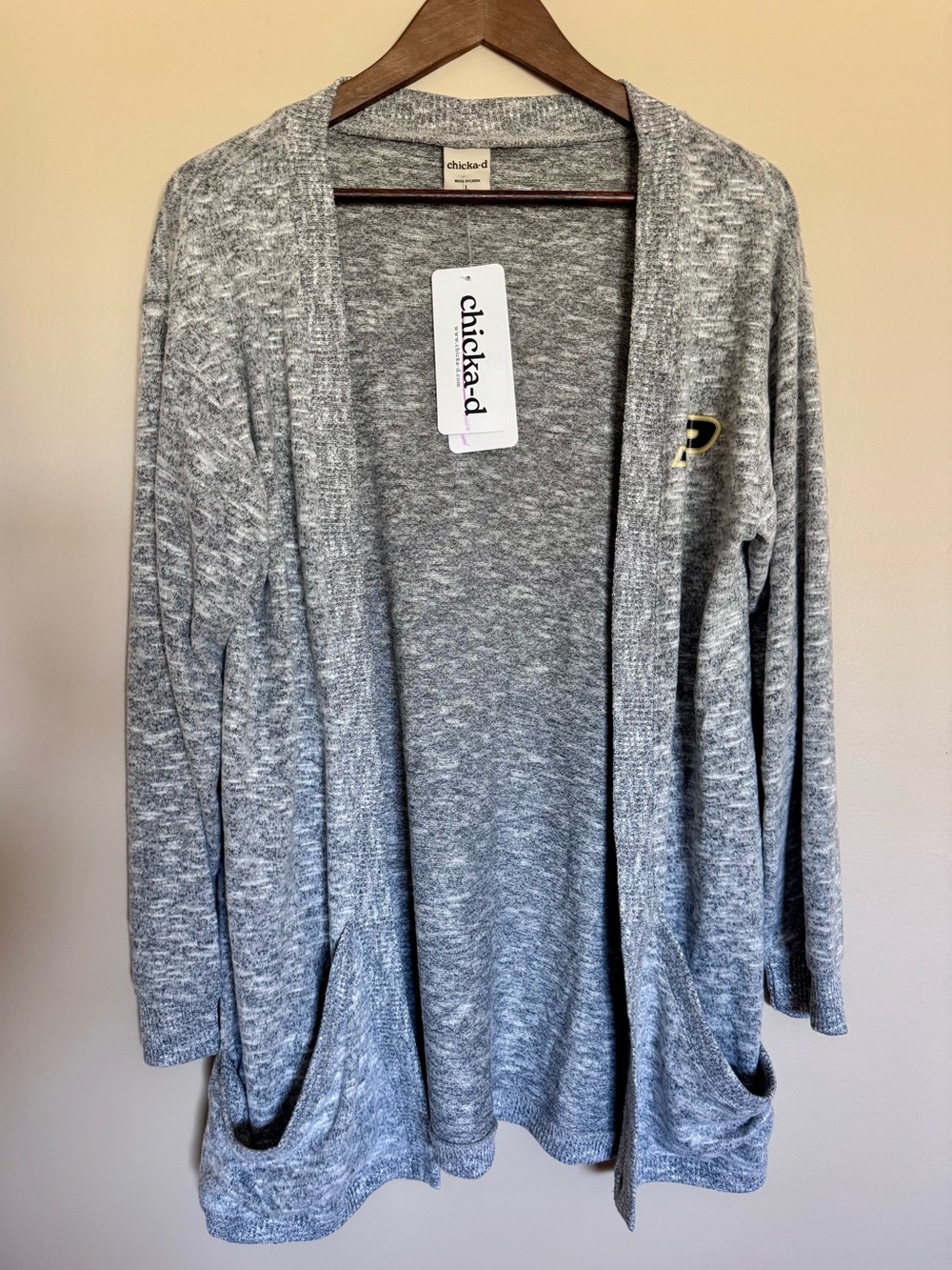 Chicka-d Purdue Gray Open-Front Knit Cardigan with Pockets
